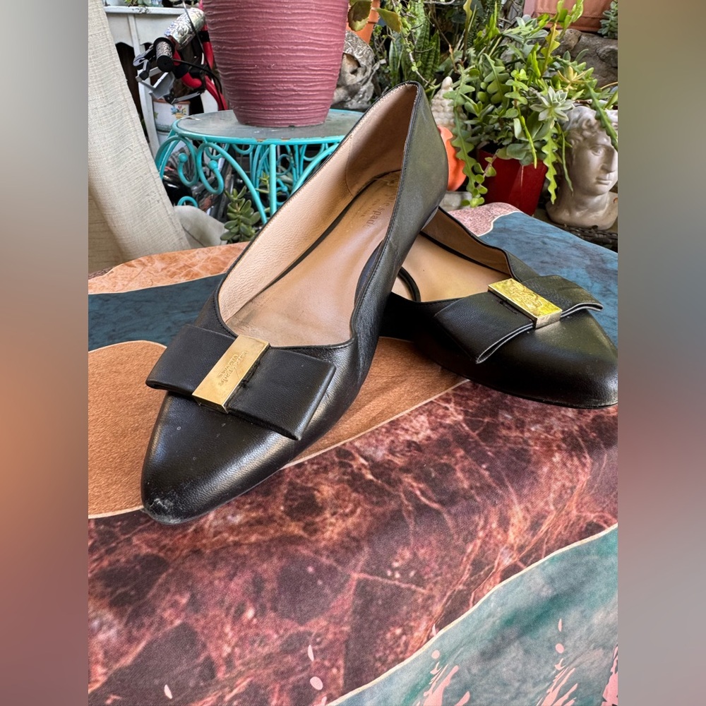 kate spade Black Leather Bow-Trim Flats with Gold Accent